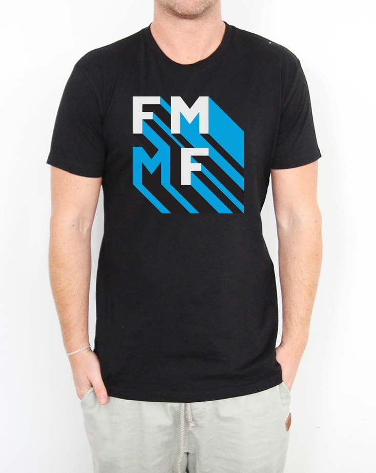 FMMF letter design mockup on a shirt.